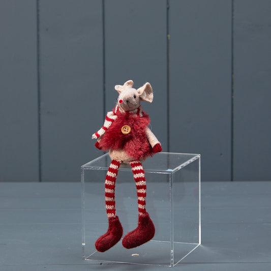 Red Stripey Fabric Mouse in Fur Gilet | Satchville