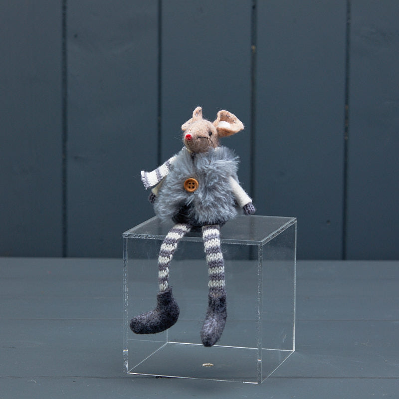 Grey Stripey Fabric Mouse in Fur Gilet | Satchville