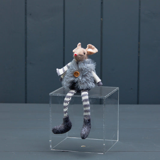 Grey Stripey Fabric Mouse in Fur Gilet | Satchville