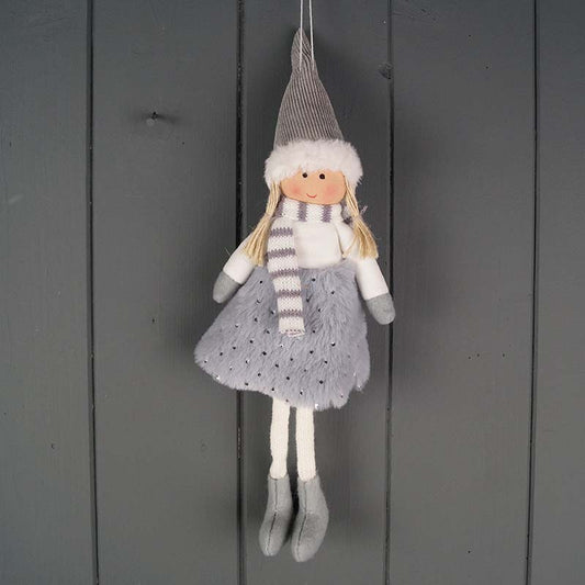 Grey Hanging Doll with Shiny Polka Dot Skirt | Satchville