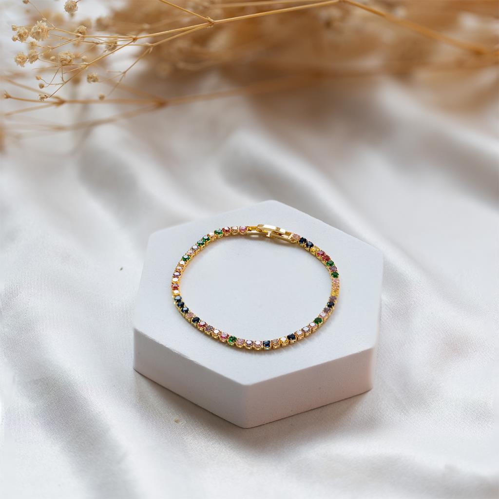 Cubic Zirconia Bracelet in Gold and Multi Coloured Stones | White Leaf