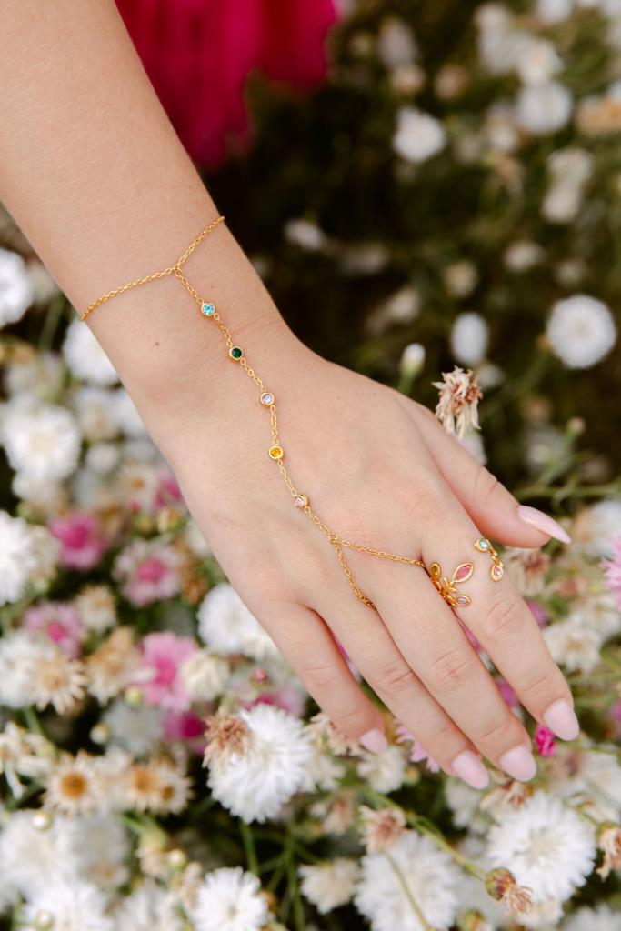 Multi Cubic Zirconia Detail Hand Chain in Gold | White Leaf