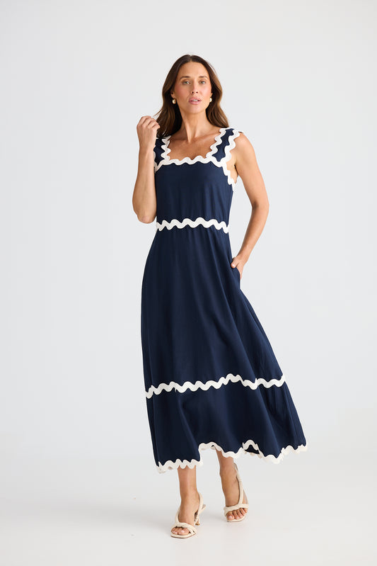 Navy Midi Dress with White Ric Rac Trim | Brave & True BT25424