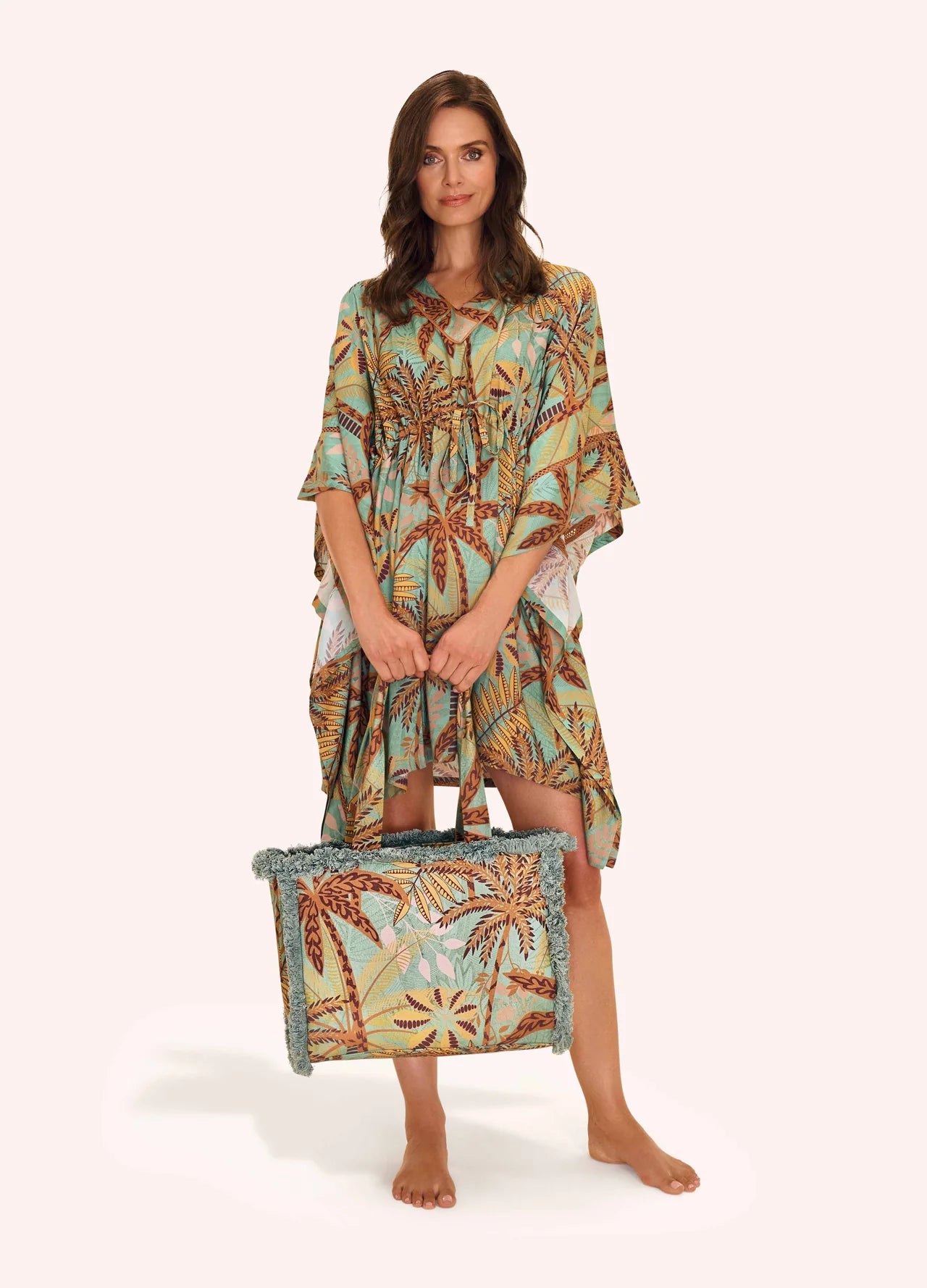 Patterned Palms Fringed Box Tote Bag