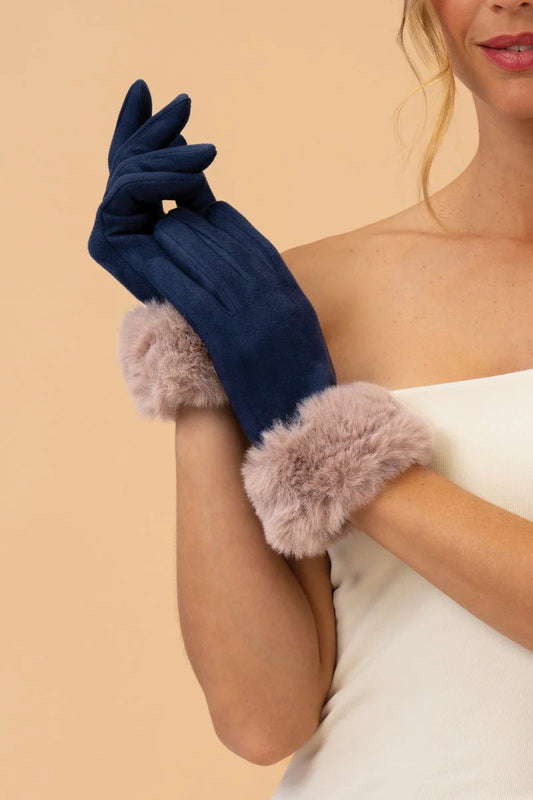 Navy Suede/Taupe Fur Bettina Gloves