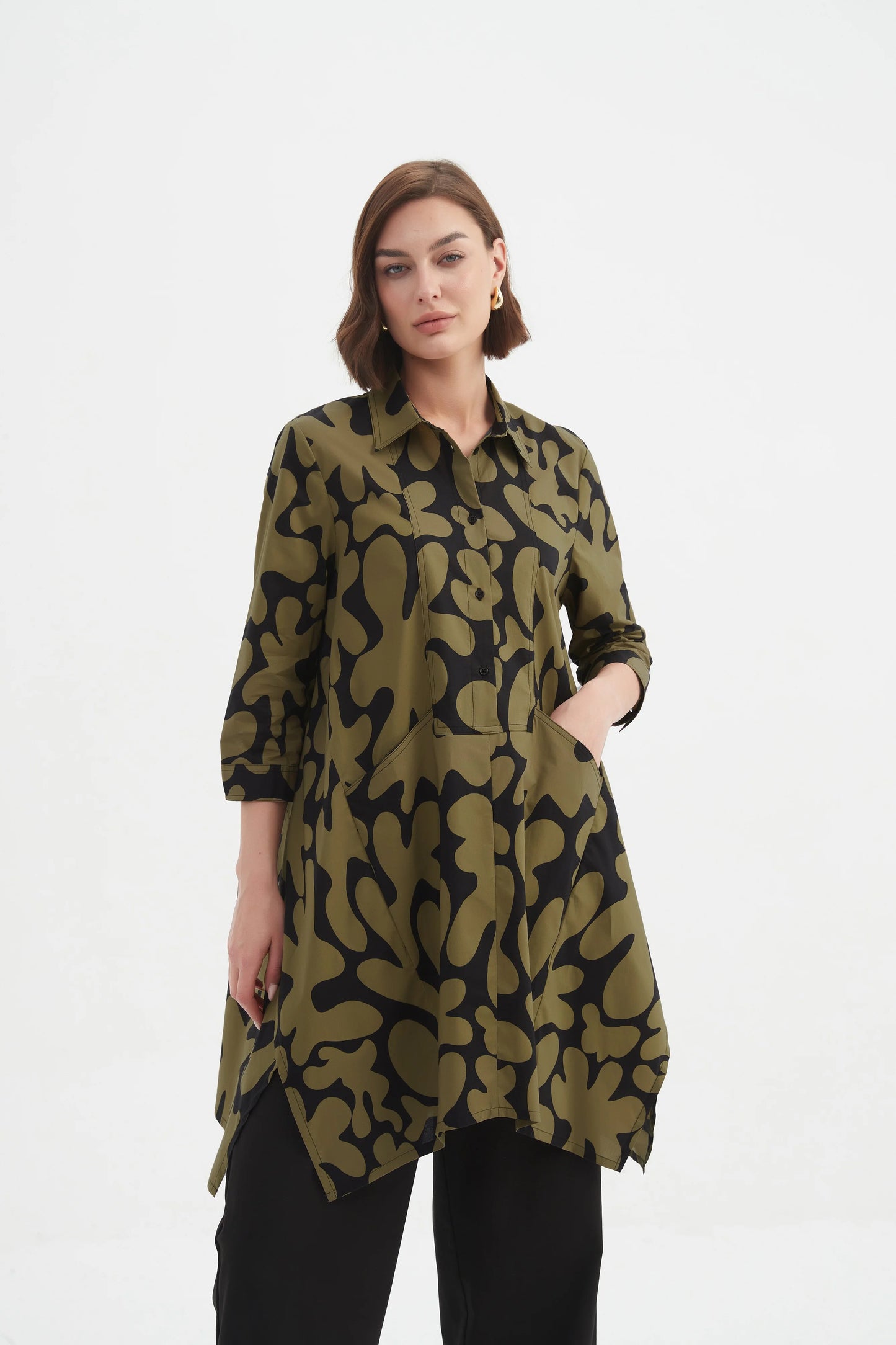 Black & Moss Handkerchief Hem Print Shirt | Tirelli