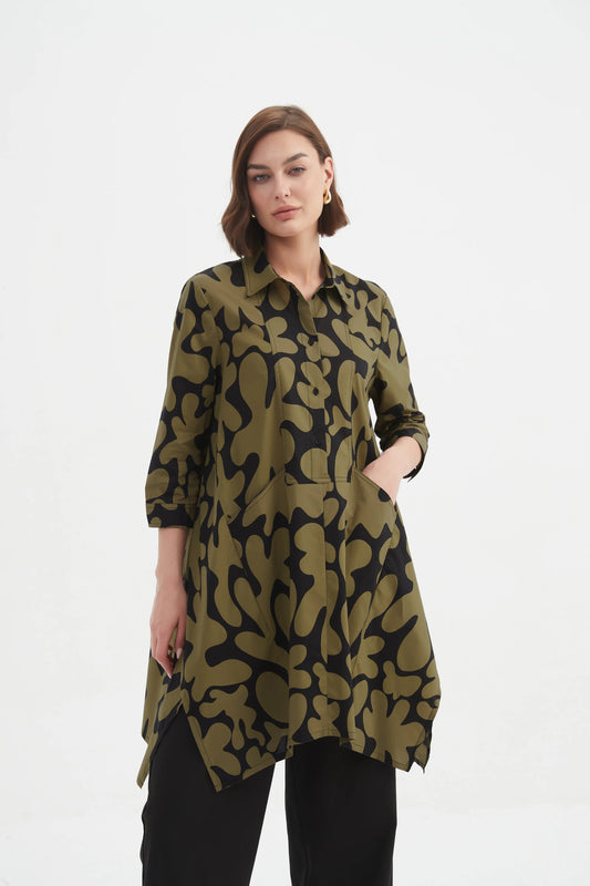Black & Moss Handkerchief Hem Print Shirt