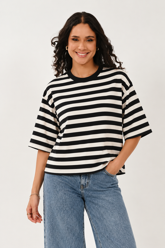 Relaxed Fit Stripe T-Shirt – Black & Cream | Saige by Nomads