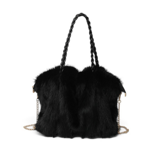 Braided Handle Faux Fur Tote Bag in Black | Last True Angel LTB10B