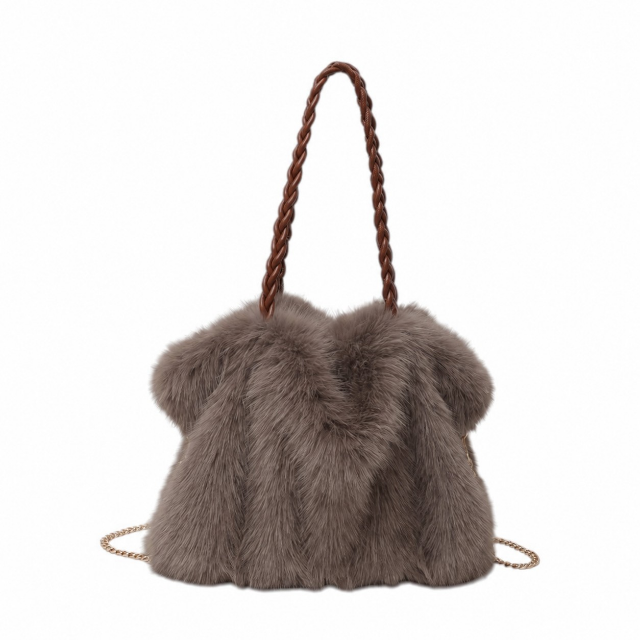 Braided Handle Faux Fur Tote Bag in Brown | Last True Angel LTB10BC