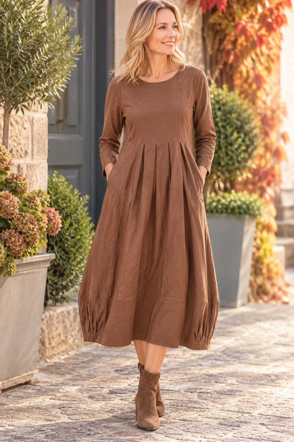 Organic Cotton Pleated Bubble Dress – Mocha | Orientique
