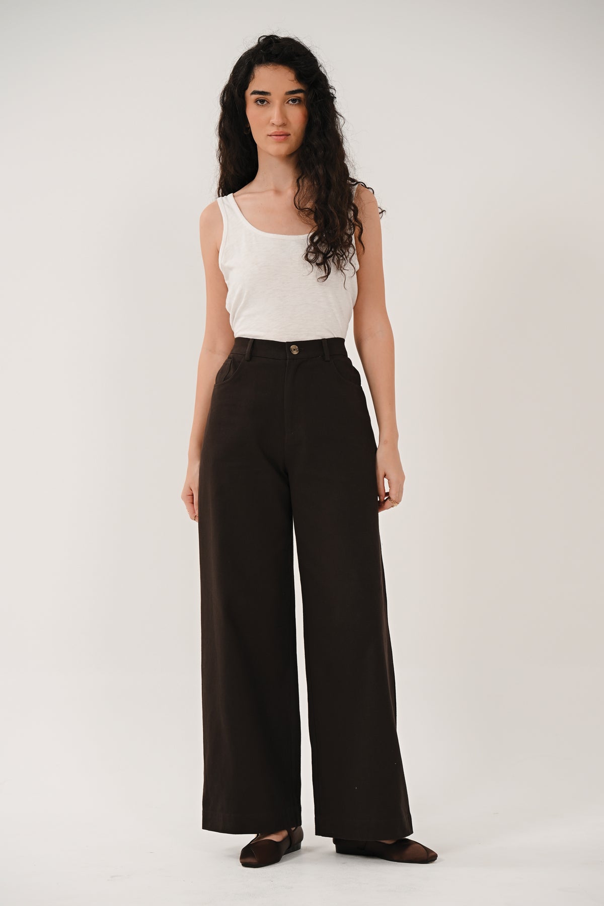 Chocolate Brown Wide Leg Cotton Drill Trousers | Saige by Nomads CD1313