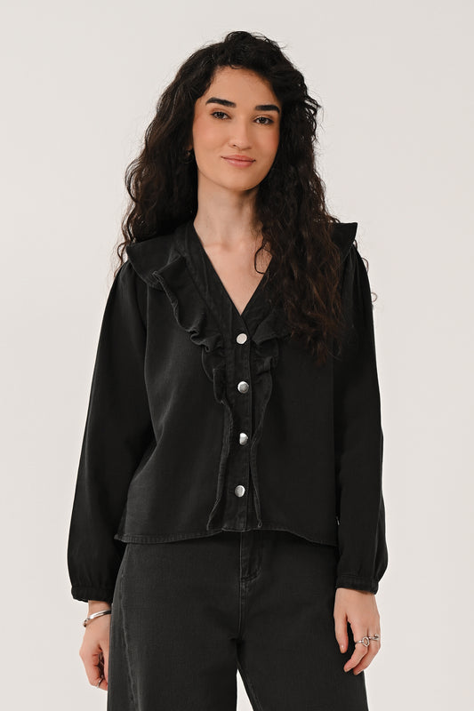 Black Frill Neck Cotton Top | Saige by Nomads CD4423