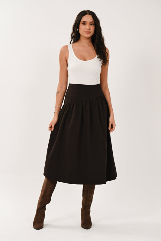 Chocolate Brown Asymmetric Seam Midi Skirt | Saige by Nomads CD8206