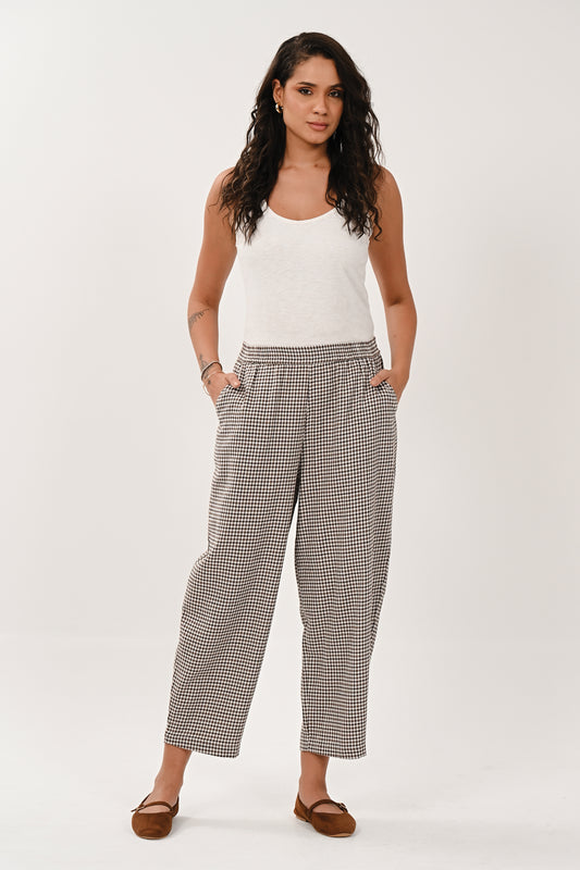Brown & Cream Checked Barrel Leg Trousers | Saige by Nomads CK1129