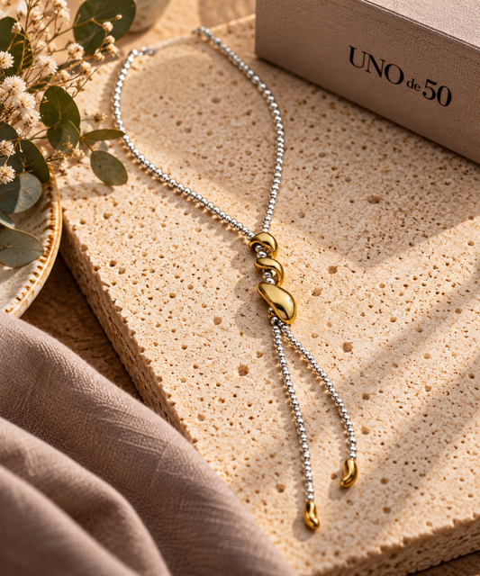 UNOde50 Originia Long Beaded Necklace – Silver & Gold | COL2101