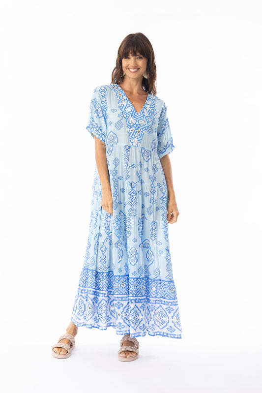 Carla V Neck Midi Blue Dress | Escape 40139