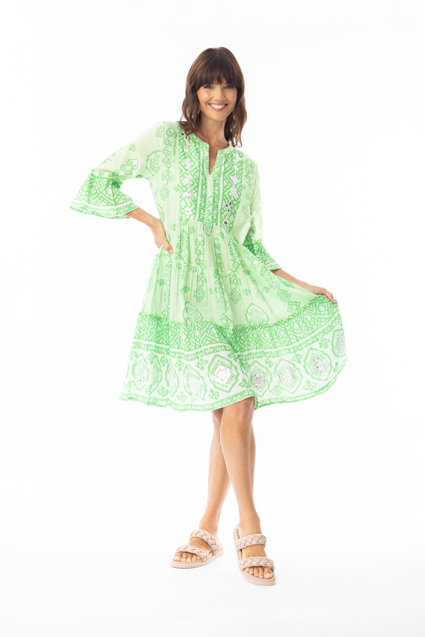 Carla Frilled Sleeve Layered Green Dress | Escape 40144