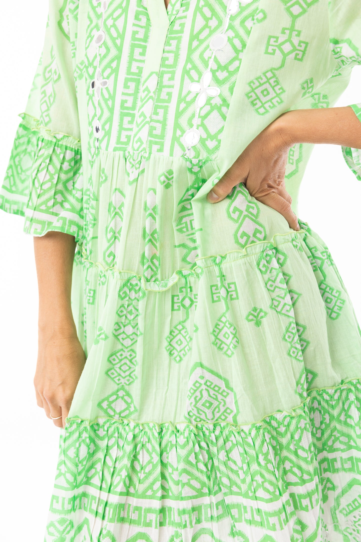 Carla Frilled Sleeve Layered Green Dress | Escape 40144