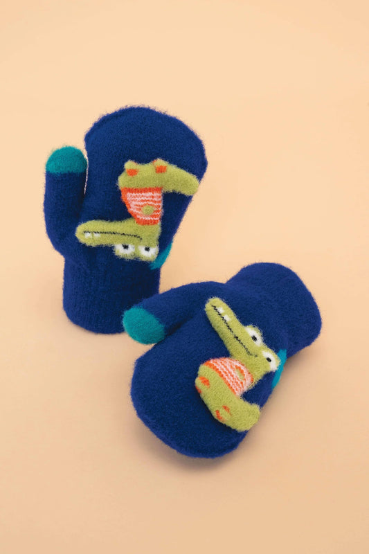 Children's Smiley Crocodile Mittens in Royal Blue | Powder