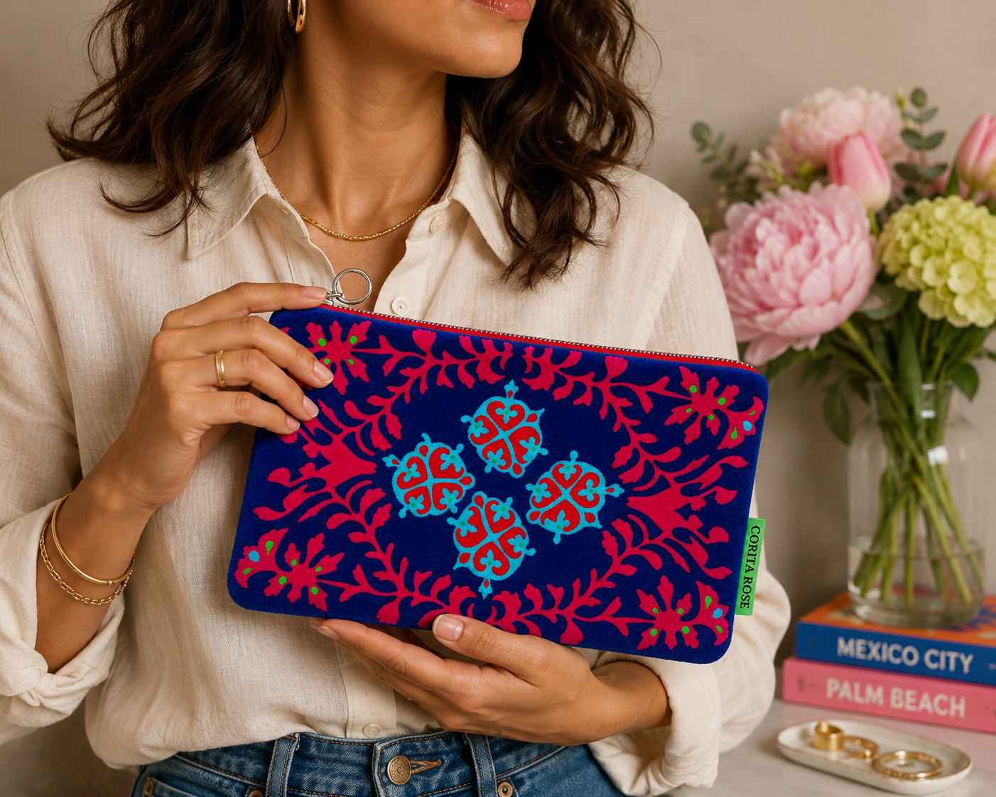 Corita Rose Zamora Blue Small Velvet Pouch