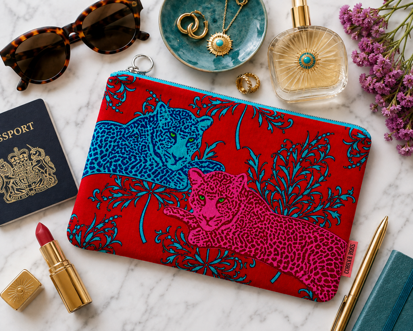 Corita Rose Lounge Leopards Large Velvet Pouch