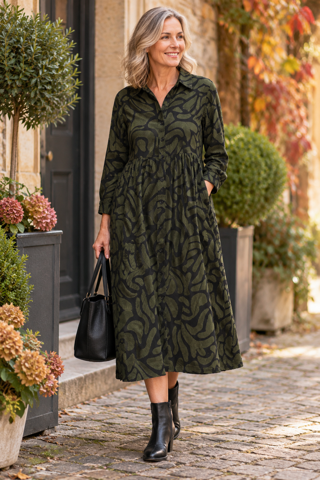Congo Cotton Midi Shirt Dress – Khaki/Black | Orientique