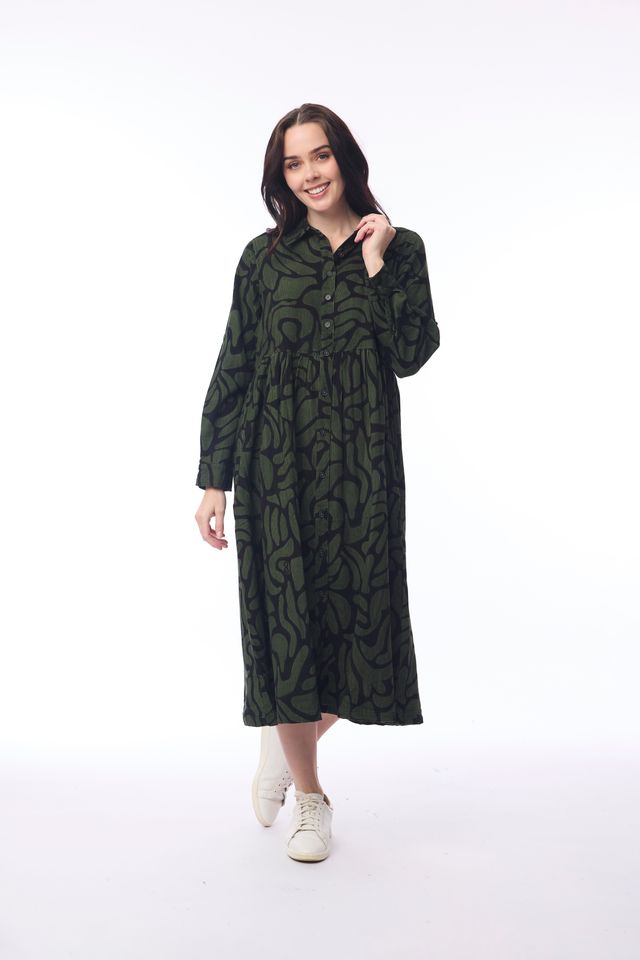 Congo Cotton Midi Shirt Dress – Khaki/Black | Orientique