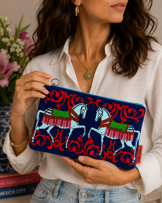 Corita Rose White Horses Small Velvet Navy Pouch
