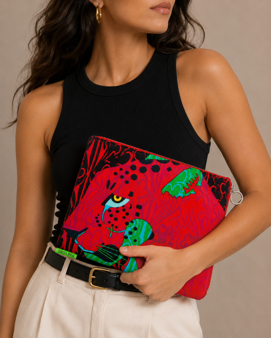 Corita Rose Fantasy Leopard Large Velvet Clutch Pouch – Red