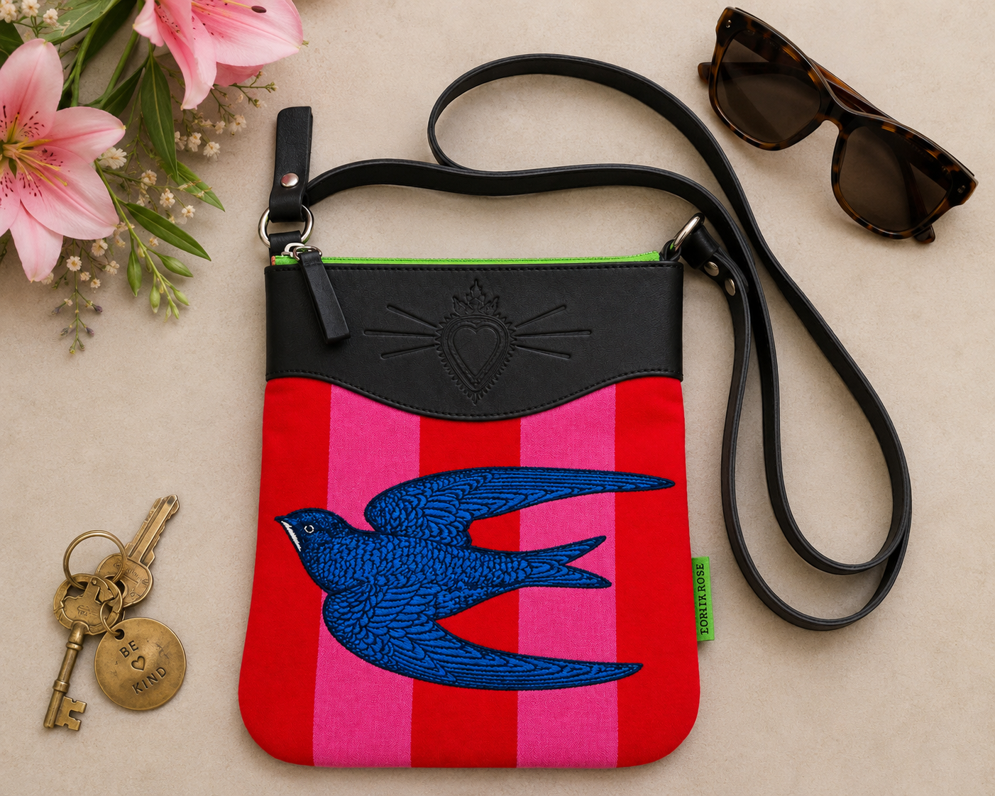 Corita Rose Swift Velvet Crossbody Bag - Red & Pink | Black Leather