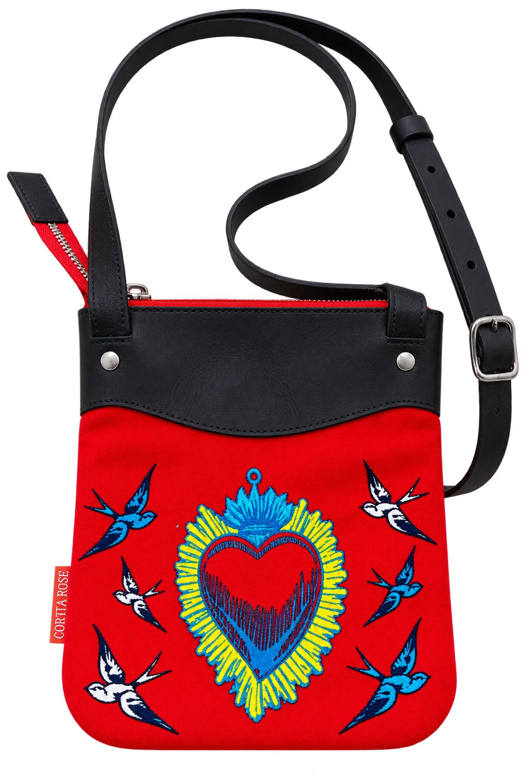 Corita Rose Sacred Heart Velvet Crossbody Bag - Red | Black Leather