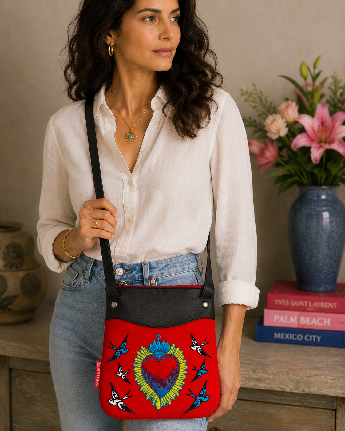 Corita Rose Sacred Heart Velvet Crossbody Bag - Red | Black Leather