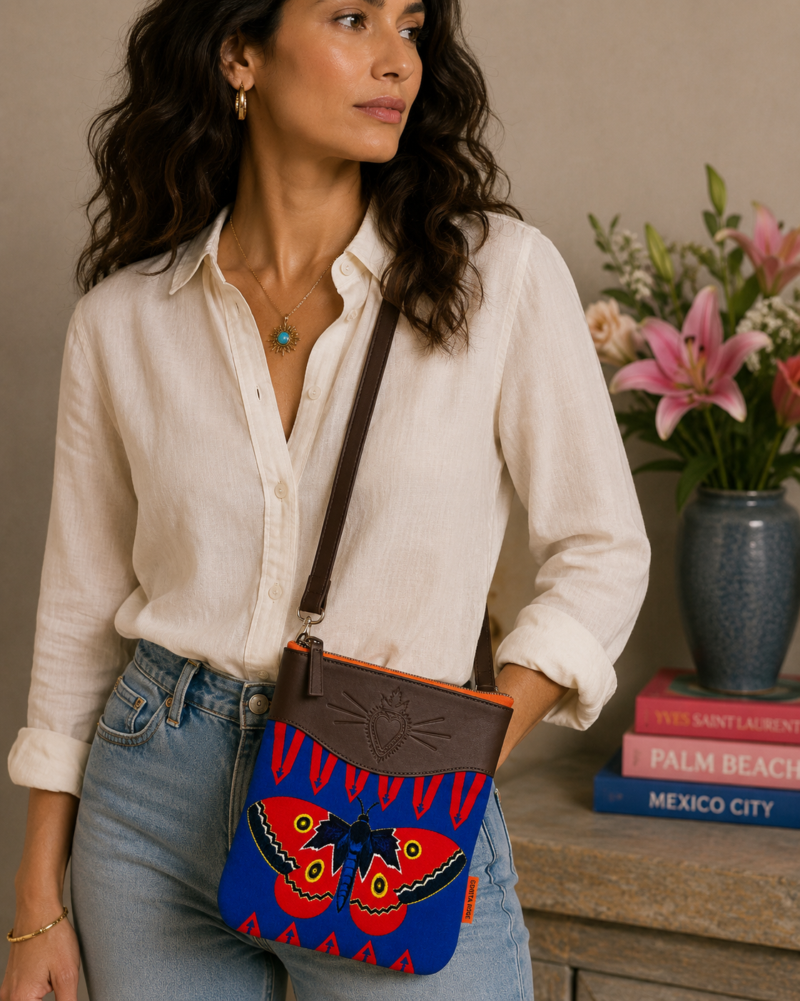 Corita Rose Butterfly Crossbody Bag - Blue | Brown Leather