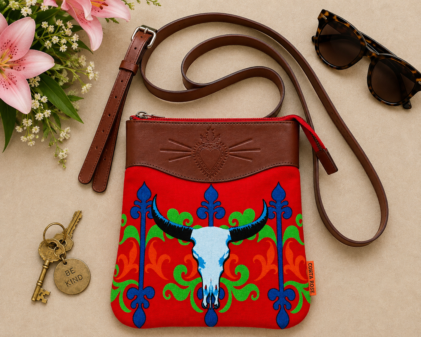 Corita Rose Longhorn Red Velvet Crossbody Bag | Brown Leather
