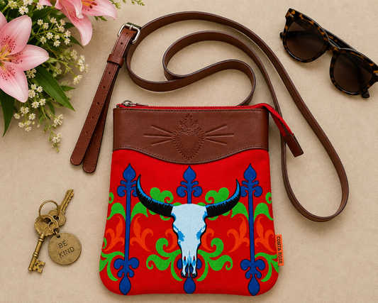 Corita Rose Longhorn Red Velvet Crossbody Bag | Brown Leather