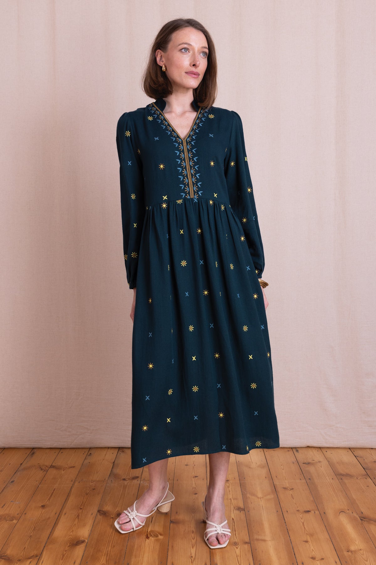Teal Embroidered Midi Dress | Nomads EM2253TEL