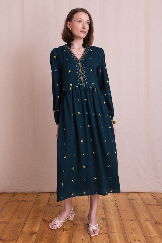 Teal Embroidered Midi Dress | Nomads EM2253TEL