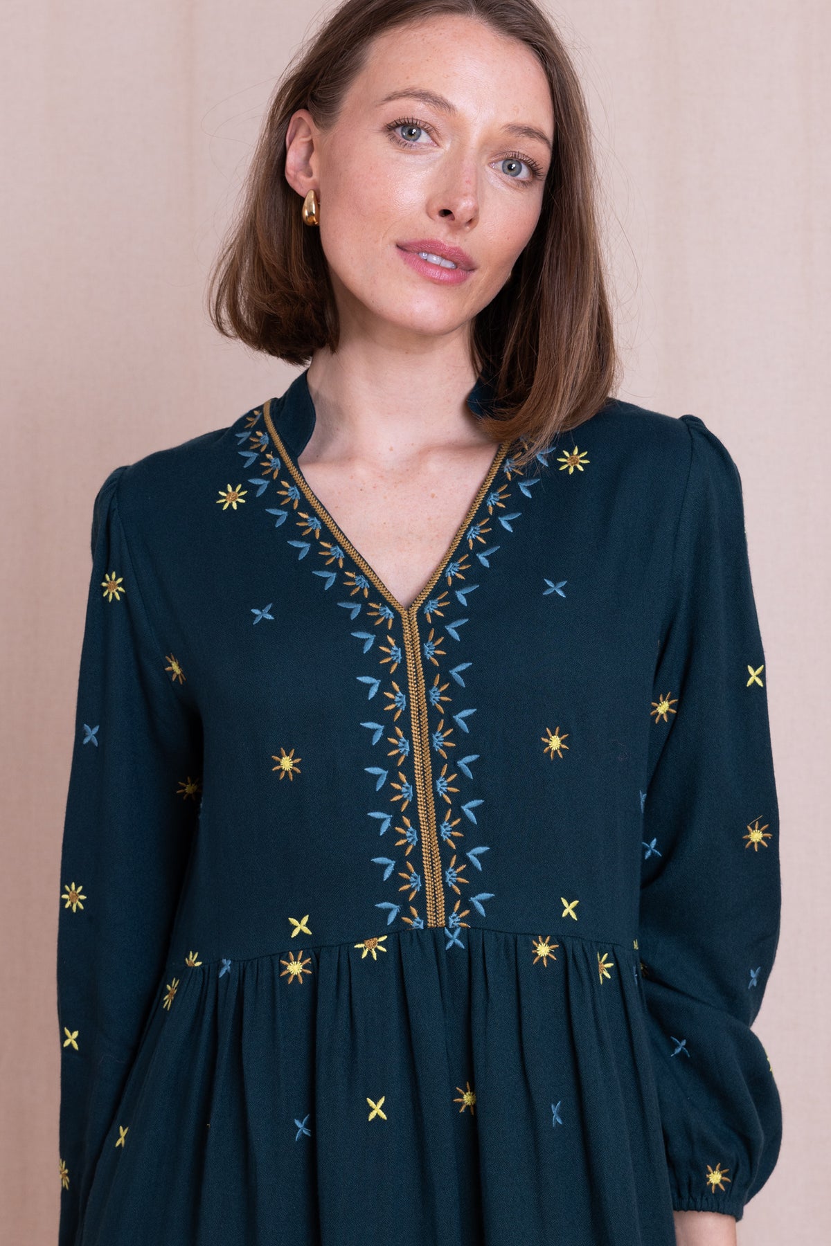 Teal Embroidered Midi Dress | Nomads EM2253TEL