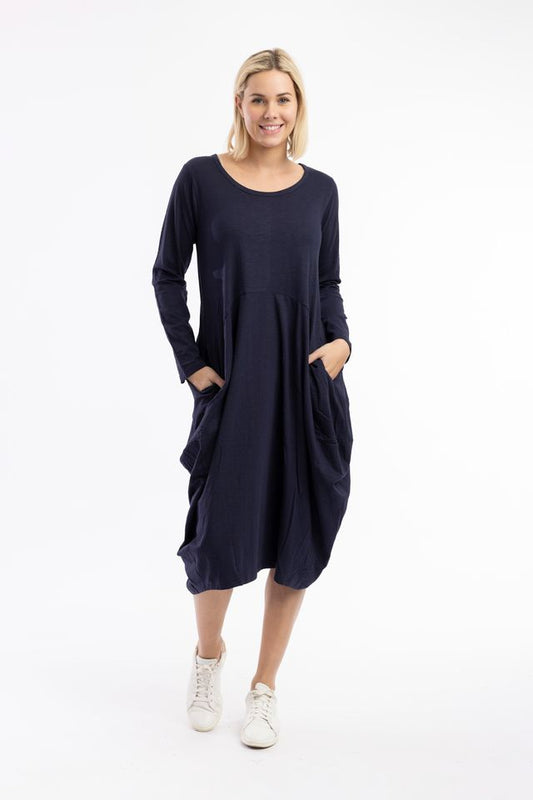 Plain Long Sleeve Navy Essential Bubble Dress | Orientique