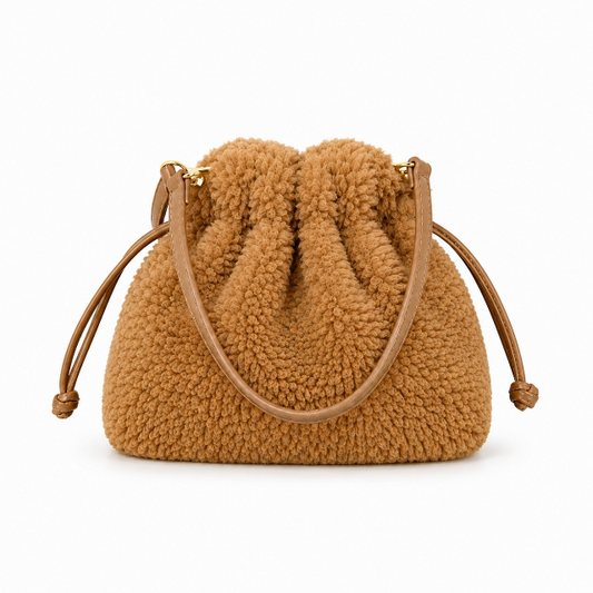 Faux Shearling Ruched Mini Bag – Teddy Brown | Last True Angel