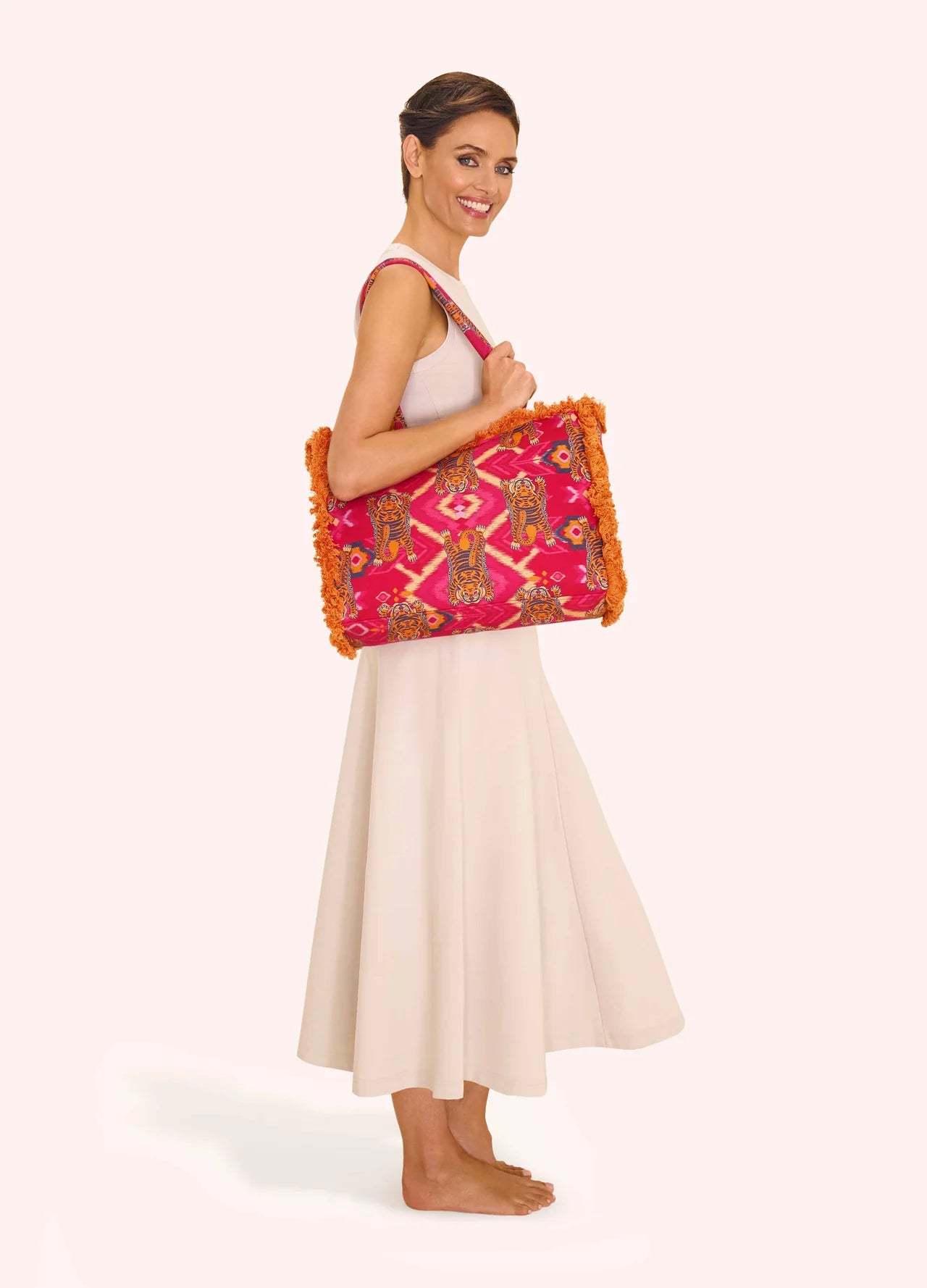 Ikat Tigers Fringed Tote Box Bag