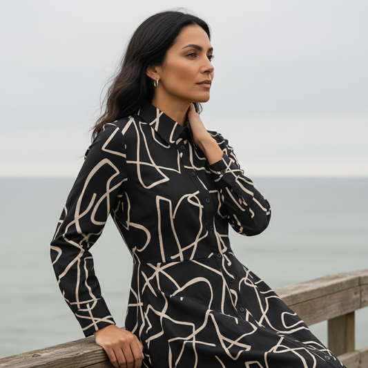 Black & Beige Abstract Print Honourable Mention Dress | Foil FO8055-CNF