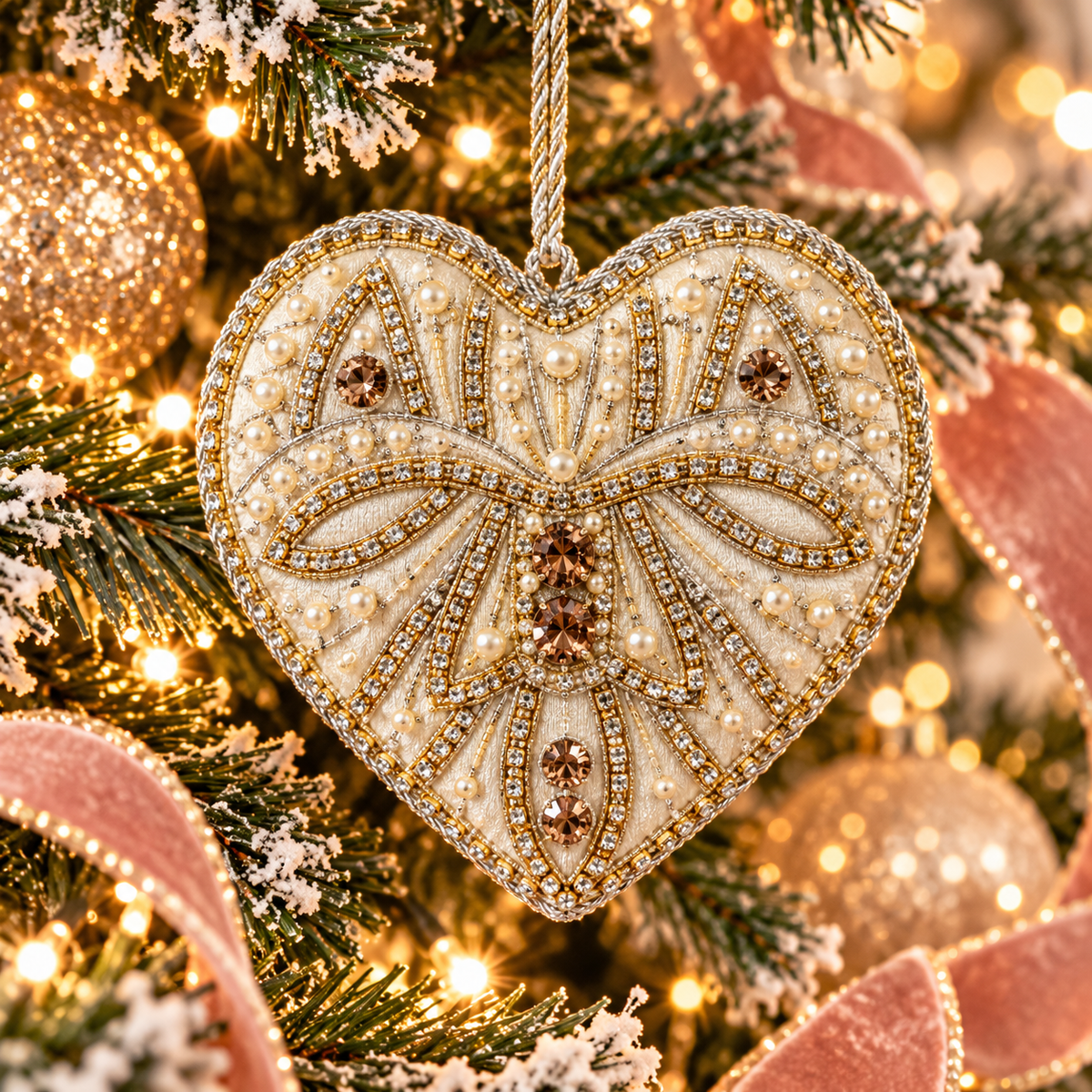 White Heart with Champagne Crystals & Pearls Hanging Decoration – Tinker Tailor London