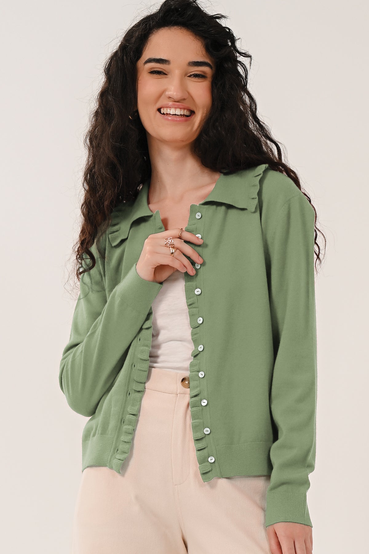 Sage Green Frill Collar Cardigan | Saige by Nomads KN7205