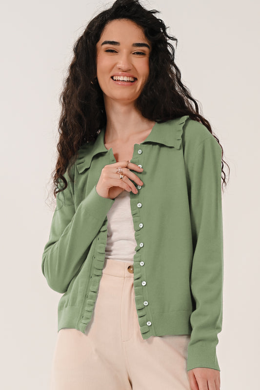 Sage Green Frill Collar Cardigan | Saige by Nomads KN7205