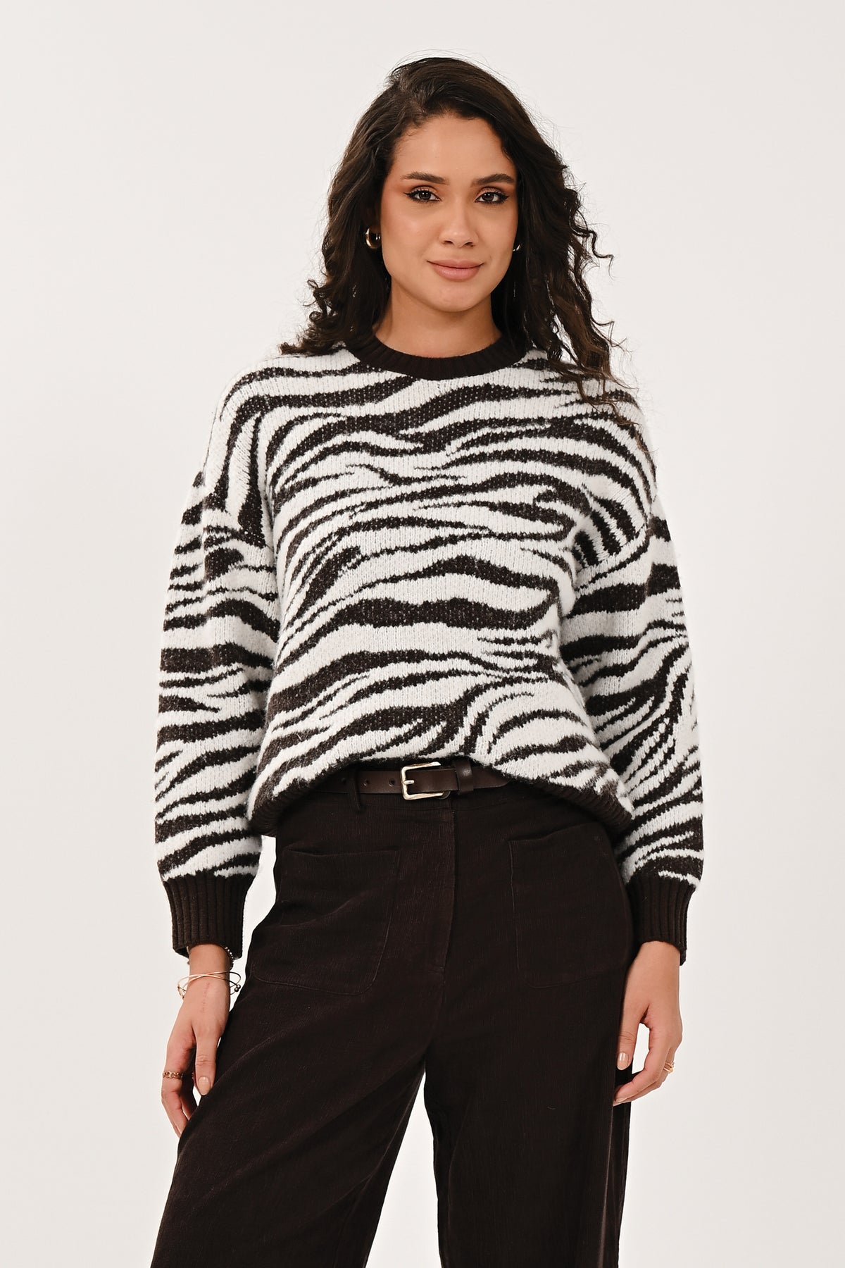 Chocolate & Cream Abstract Stripe Crew Neck Jumper | Saige by Nomads KZ7124