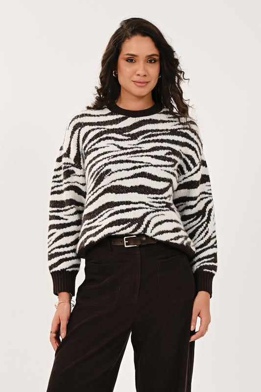 Chocolate & Cream Abstract Stripe Crew Neck Jumper | Saige by Nomads KZ7124