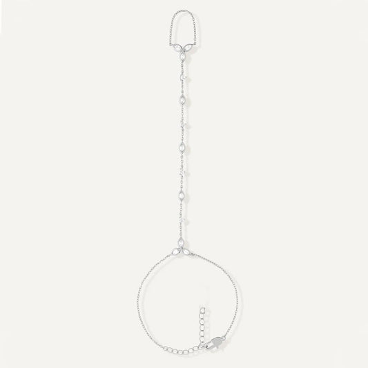 Rhinestone Leaf Detail Hand Chain in Silver | White Leaf