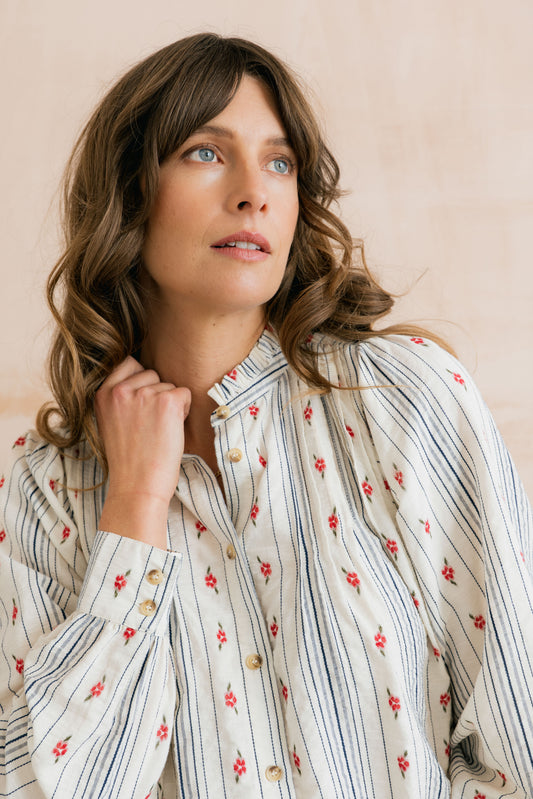 Flora Embroidered Stripe Blouse Ecru | Lily & Me LM26006